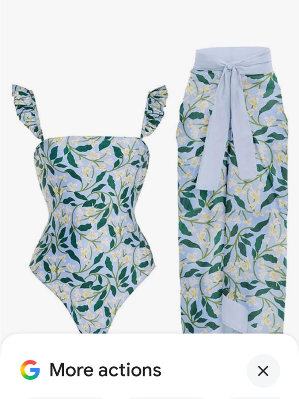 Light Blue Floral One-Piece Swimsuit with Tie Sarong